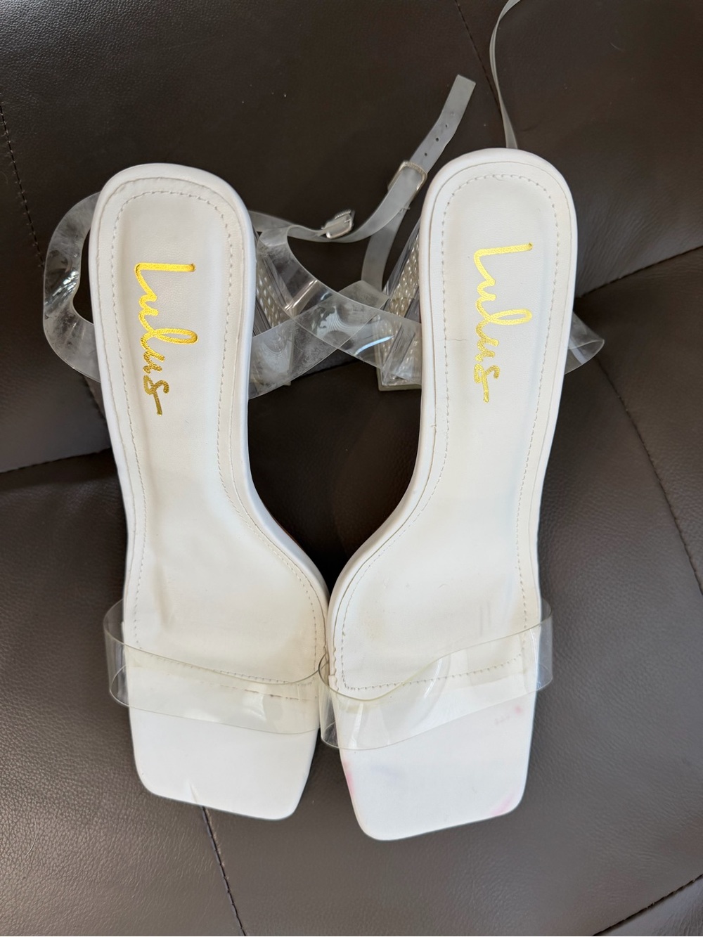 Lulu's White Clear-Strap Block Heel Sandals with Pearl-Embedded Heel - Picture 2 of 3